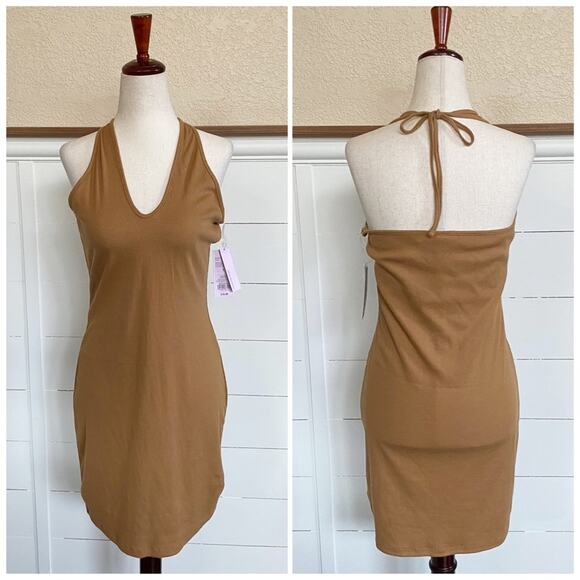 Wild Fable Halter Ribbed Bodycon Dress Cognac Brown SZ L NWT - Picture 2 of 5